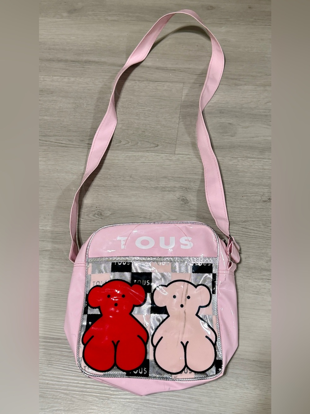 Rare TOUS Girls Pink Red Bears Logo Shoulder Bag Vinyl/PVC-has Cosmetic Damage